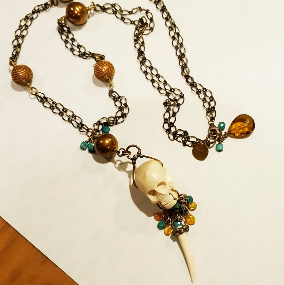 Mikal Winn 2013 Skull Mixed Metal Stones Long Necklace Artisan Copper Tone